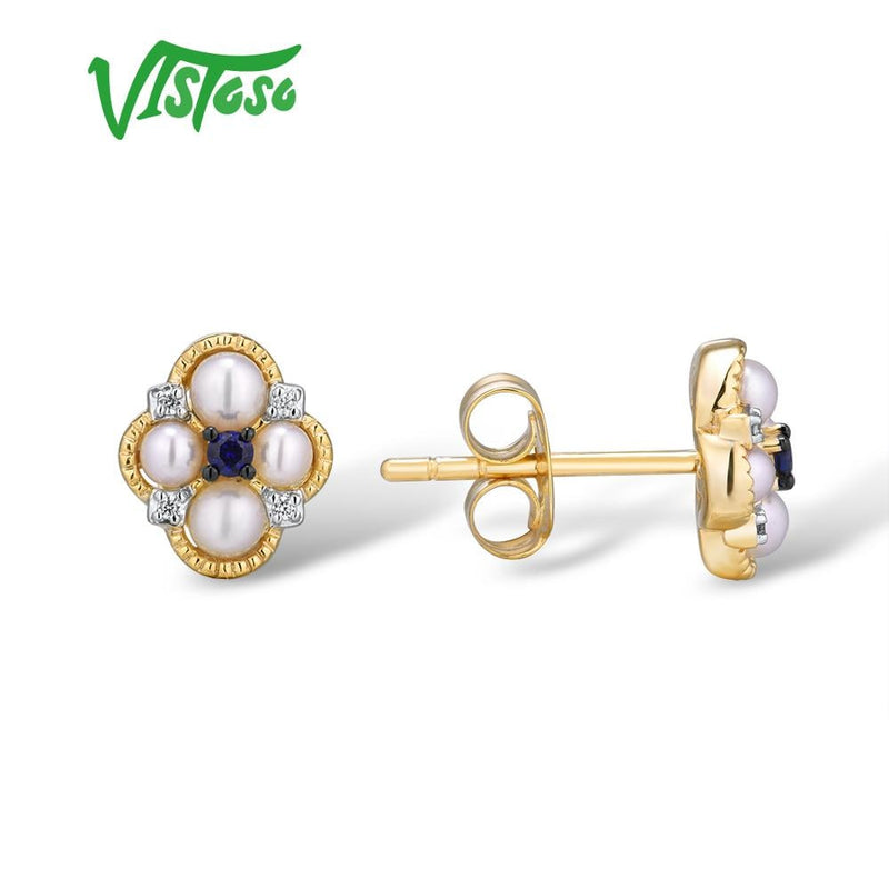 14K Yellow Gold Blue Sapphire & Freshwater Pearl Diamond Earrings for Women