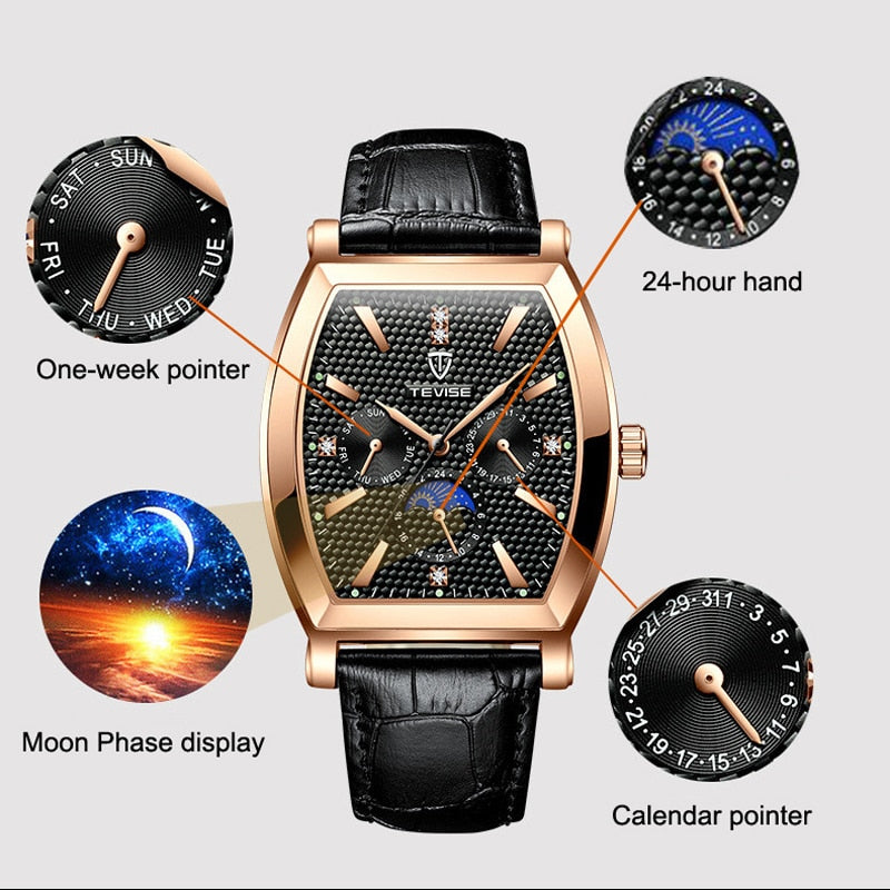 Black Steel Tonneau Shape Sports Watch with Quartz Movement for Men