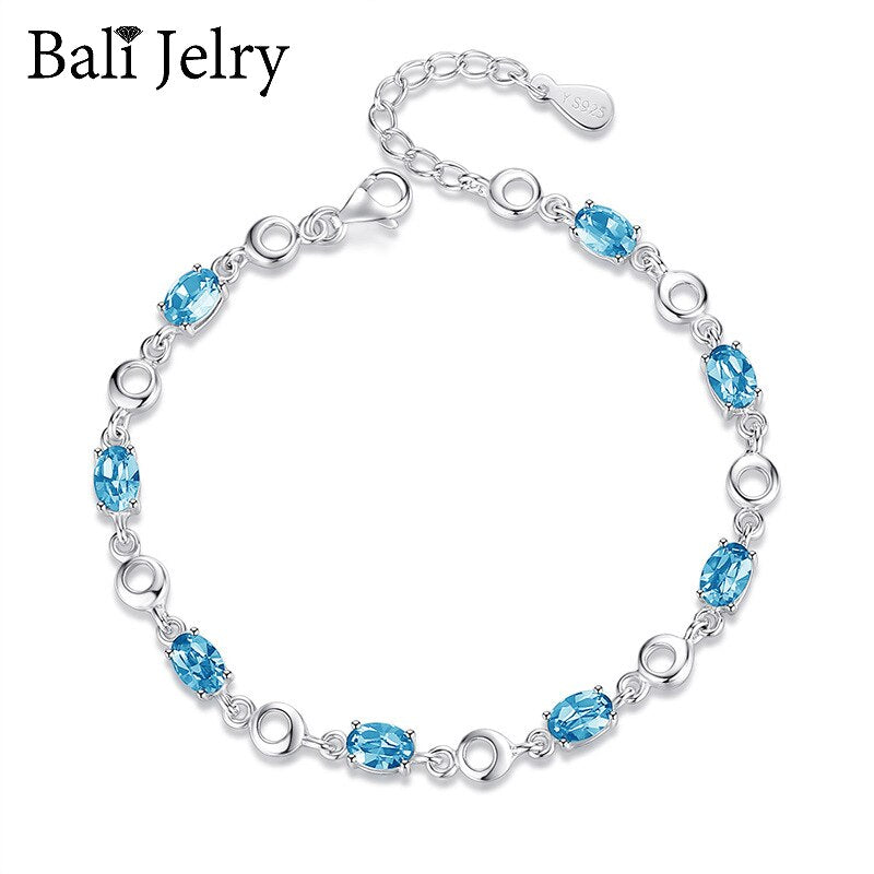 BaliJelry Trendy Bracelet 925 Silver Jewelry Oval Shaped Sapphire Gemstones Accessories for Women Wedding Engagement Gift