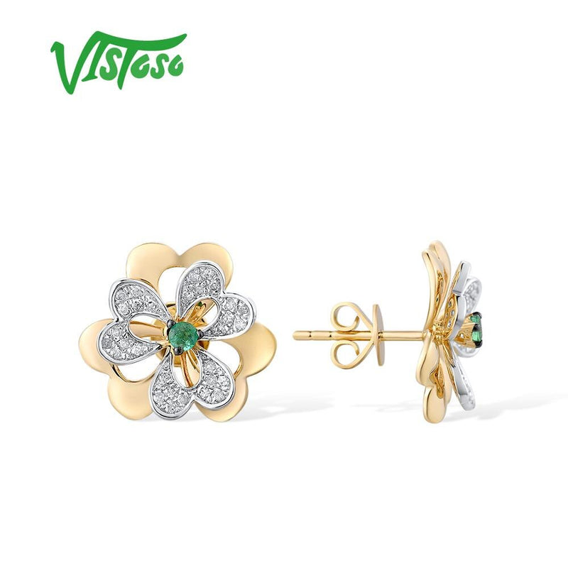 14K Yellow Gold Emerald Diamond Flower Stud Earrings for Women