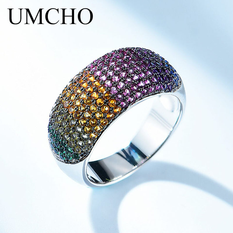 UMCHO 925 Sterling Silver Colorful Rainbow Gemstones Ring