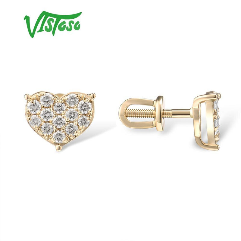 VISTOSO 14K 585 Yellow Gold Sparkling Diamond Classic Heart Shape Stud Earrings