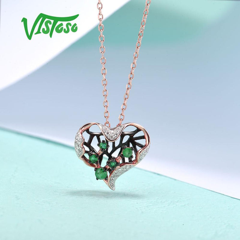 14K Rose Gold Natural Emerald and Diamond Hollow Heart Pendant for Women