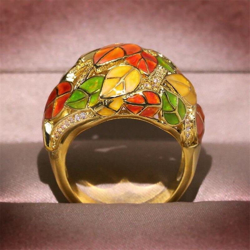 New Arrival Vintage Jewelry 925 Silver&Gold Fill Double Colorful AAA Cubic Zircon Enamel ring Women Wedding Leaf Band Ring Gift