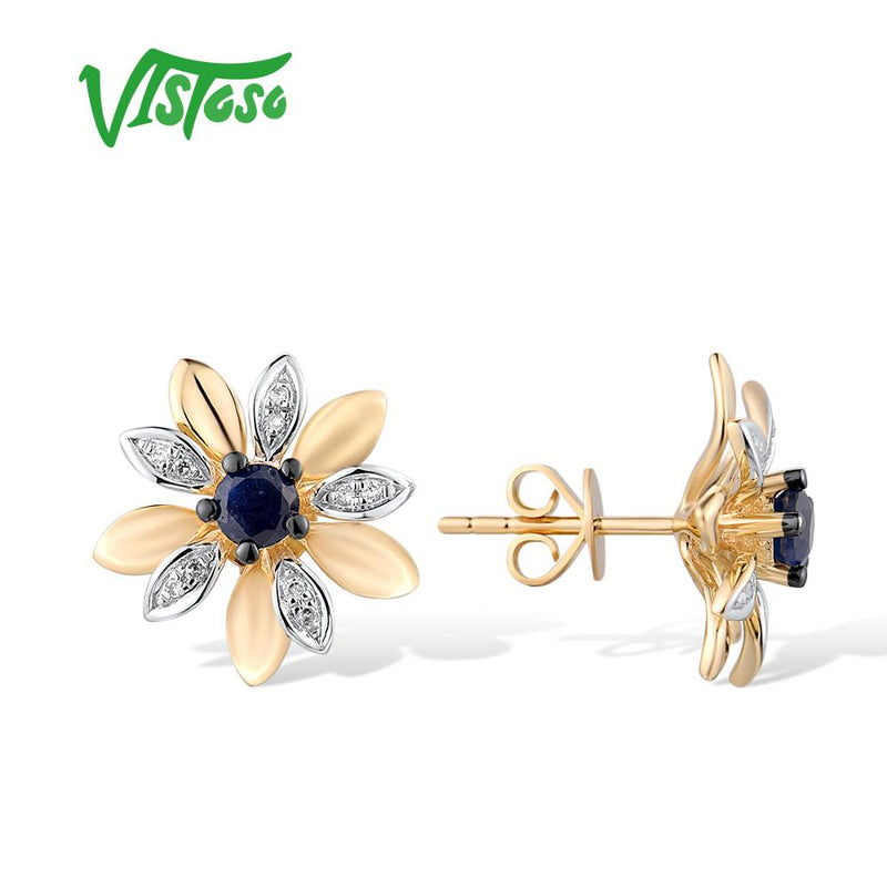 14K Yellow Gold Blue Sapphire Diamond Flower Stud Earrings for Women