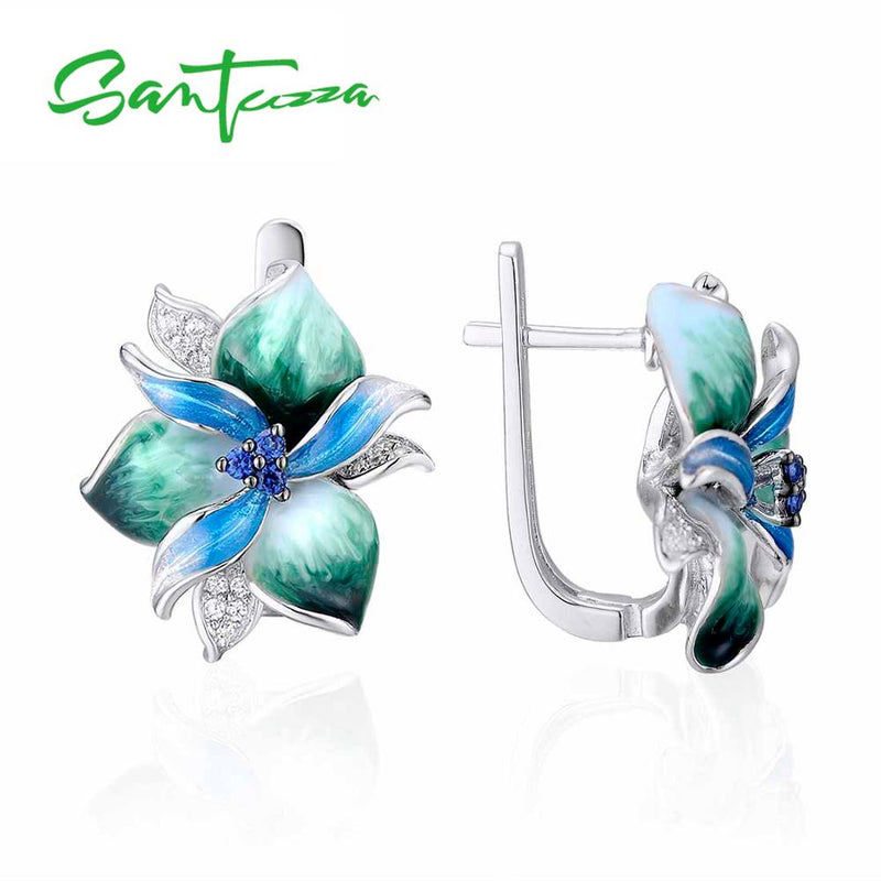 SANTUZZA 925 Sterling Silver Handmade Elegant Blue Green Flower Earrings Pendant & Ring Jewelry Set