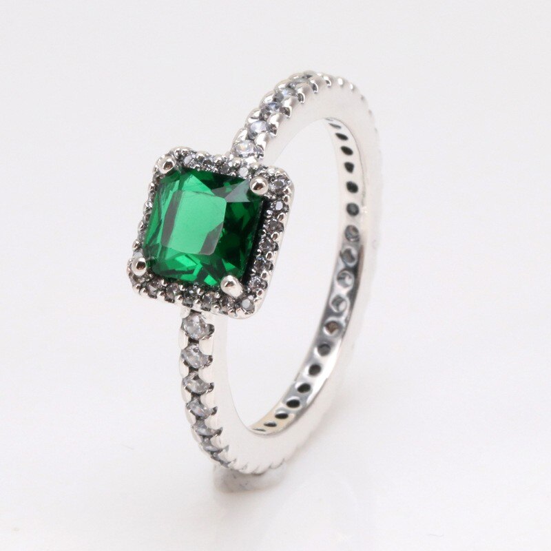 Original 925 Sterling Silver Pan Ring Green Square With Crystal Pan Ring For Women Wedding Party Gift Fashion Jewelry