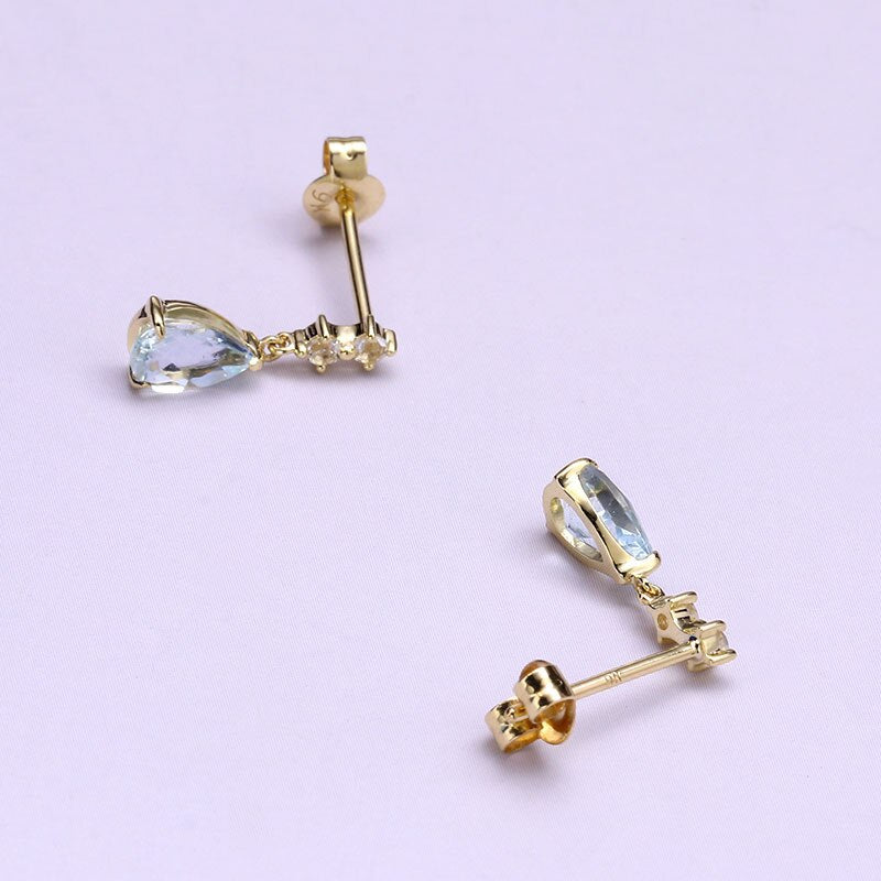 BK Genuine 9k Yellow Gold 585 Water Drop Topaz Gemstone Stud Earrings