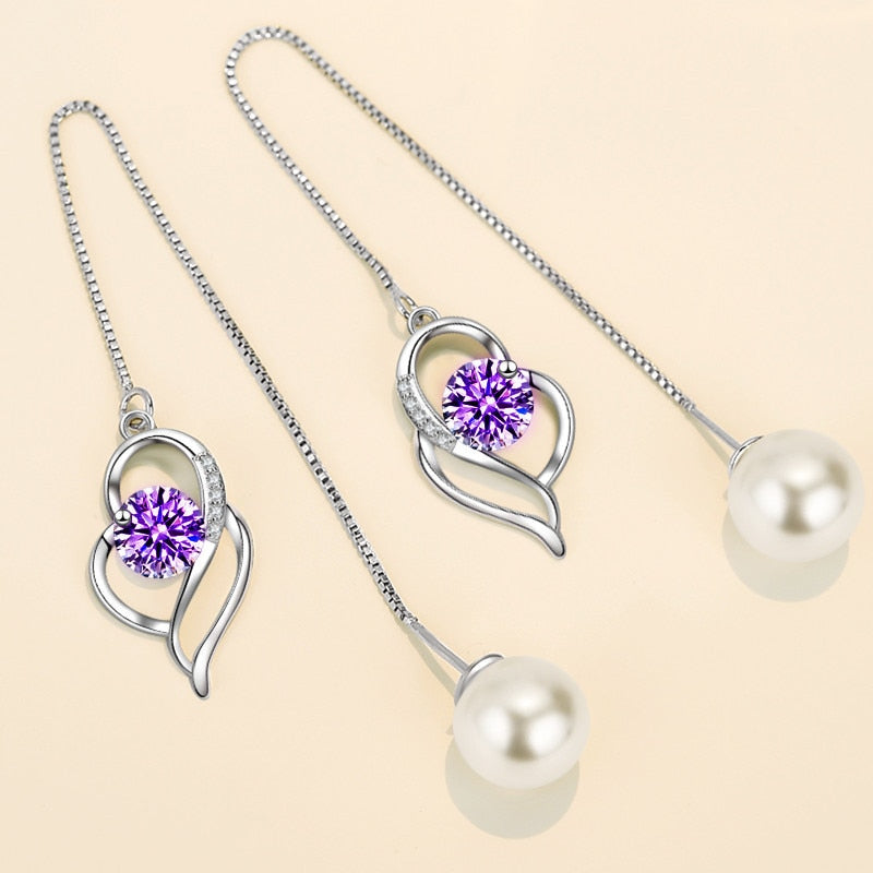 NEHZY 925 Sterling Silver New Womens Fashion Jewelry Earline High Quality Crystal Zircon Pearl Long Tassel Heart Earrings