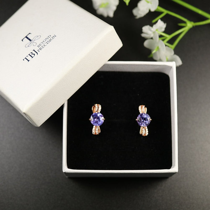 TBJ 925 Sterling Silver 7mm 2ct Natural Blue Tanzanite Clasp Earrings