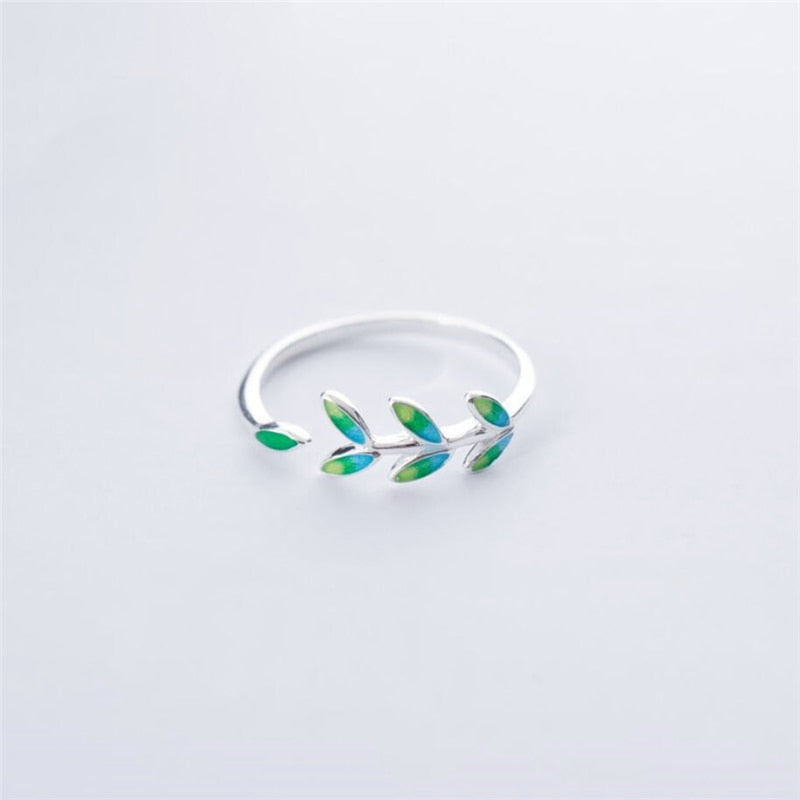 925 Sterling Silver Creative Handmade Green Leaf Resizable Open Ring