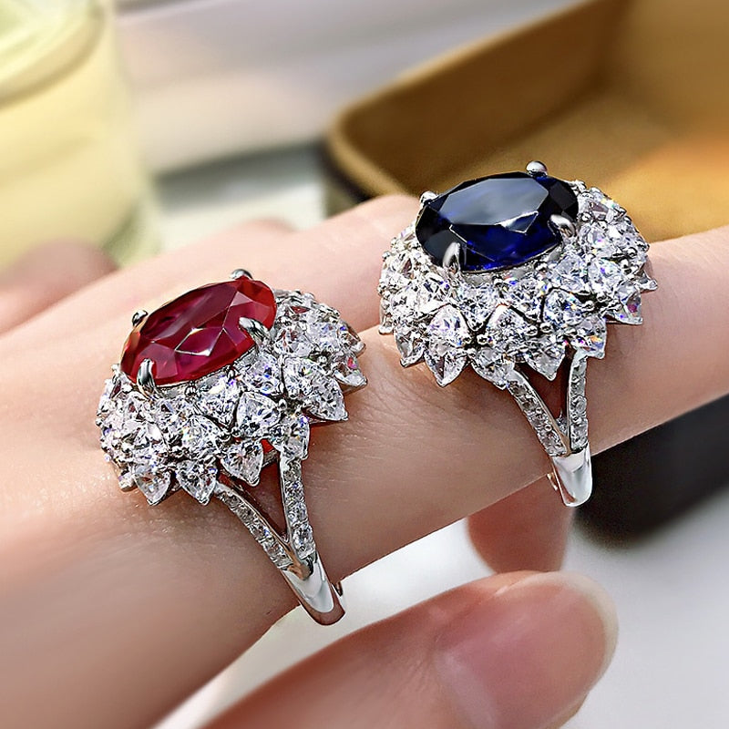 OEVAS 100% 925 Sterling Silver Ruby Sapphire Royal Engagement Rings For Women Sparkling High Carbon Diamond Party Fine Jewelry