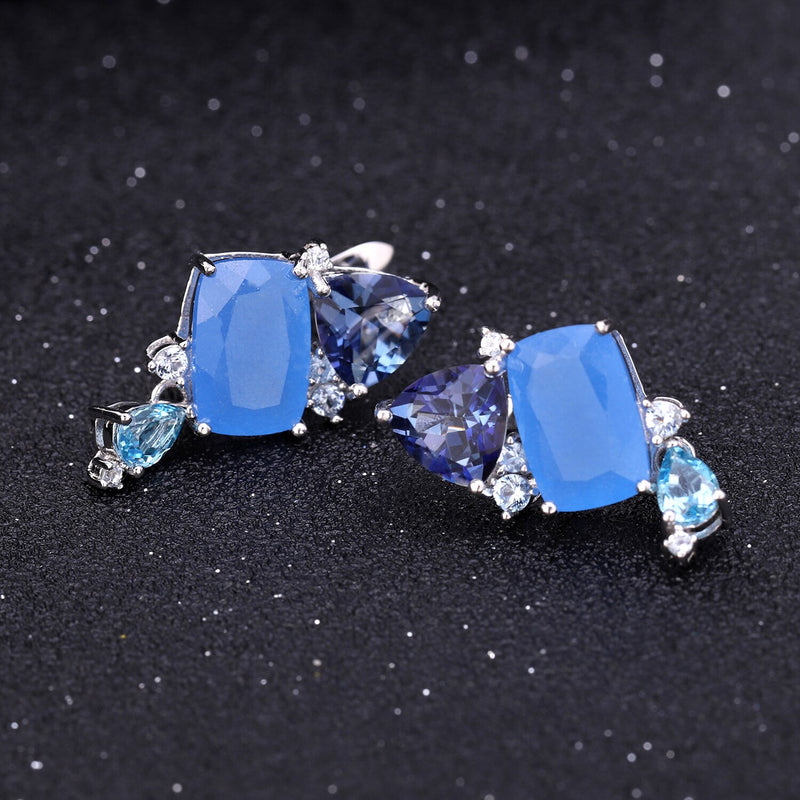GEMS BALLET 925 Sterling Silver Natural Aqua-blue Calcedony Irregular Ring Earrings & Pendant Jewelry Set