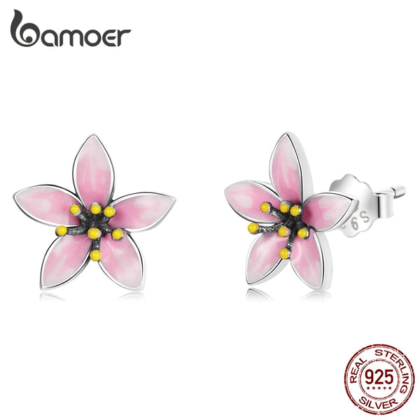 925 Sterling Silver Enamel Pink Cherry Blossom Stud Earrings for Women