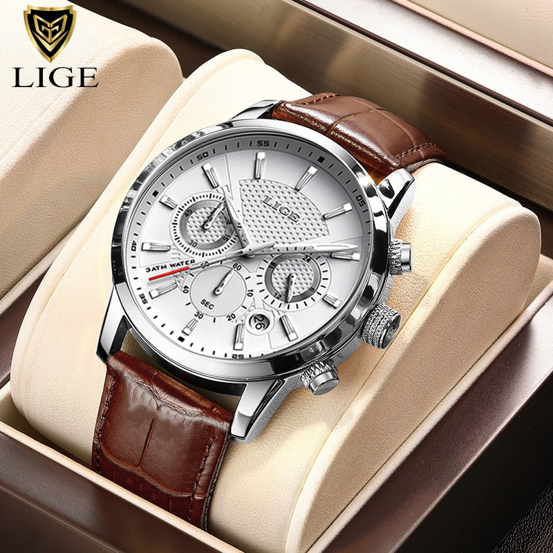 Relogio Masculino New Mens Watches LIGE Top Brand Leather Chronograph Waterproof Sport Automatic Moon phase Quartz Watch For Men