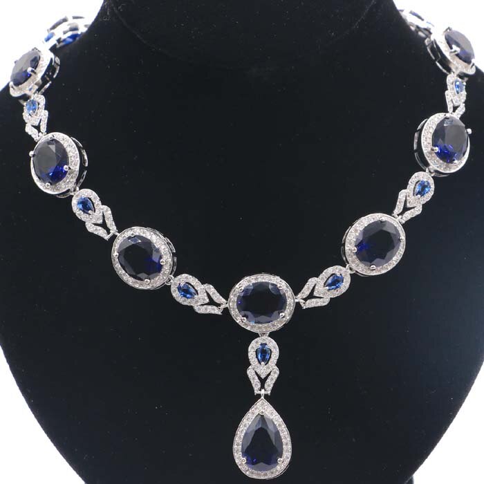 Beautiful Big 43.1g Created Red Blood Ruby Tanzanite White CZ Silver Necklace 19-19.5\ 48x16mm"