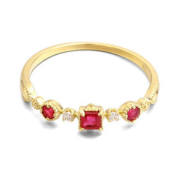 BK Genuine 585 9K Yellow Gold Sparkling Red Ruby Moissanite Diamond Ring