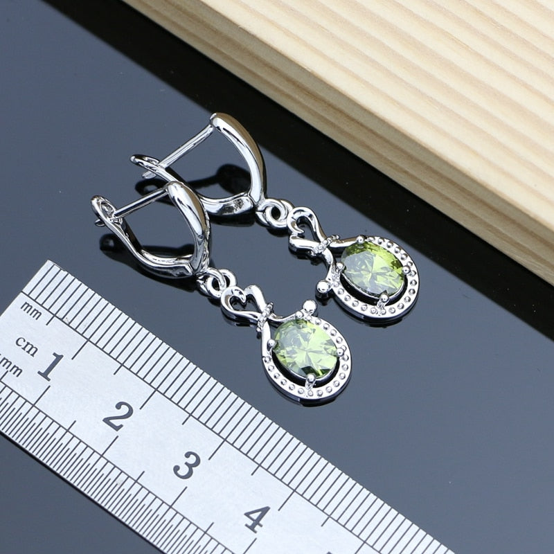 Sterling Silver Olive Green Topaz Earrings, Bracelet & Necklace Set for Women