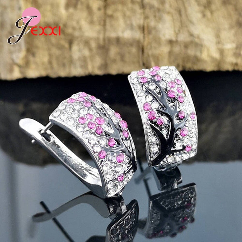 Ethnic 925 Sterling Silver Cubic Zirconia Tree Hoop Earrings