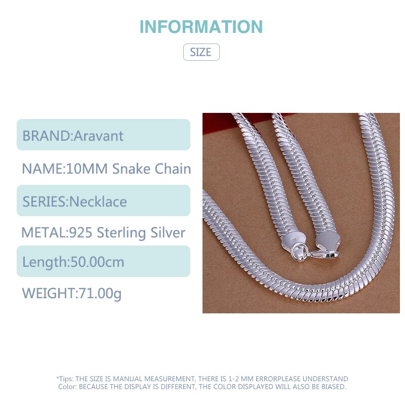 925 Silver 10MM 20inch Flat Snake Chain Necklace For Men Women Silver Necklaces Fashion Jewelry