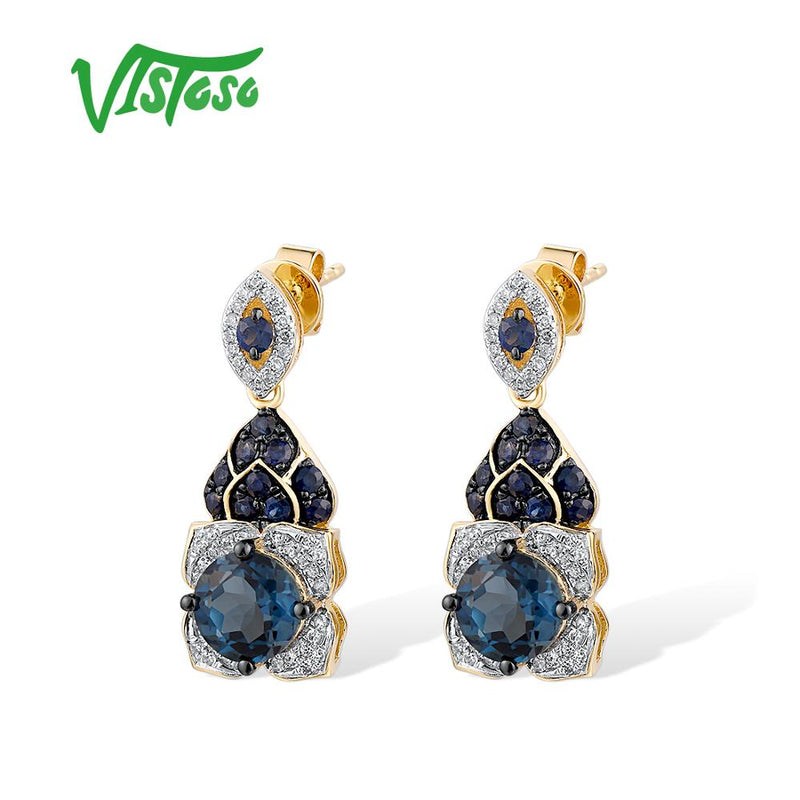 14K Yellow Gold Diamond and London Blue Topaz Sapphire Drop Earrings for Women