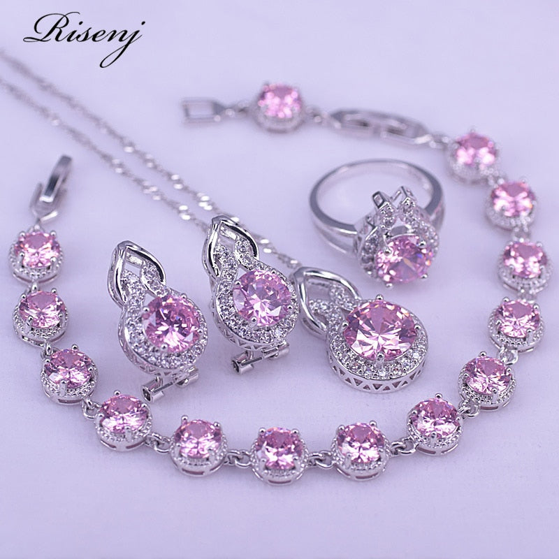 925 Sterling Silver Pink Diamond Jewelry Set for Women