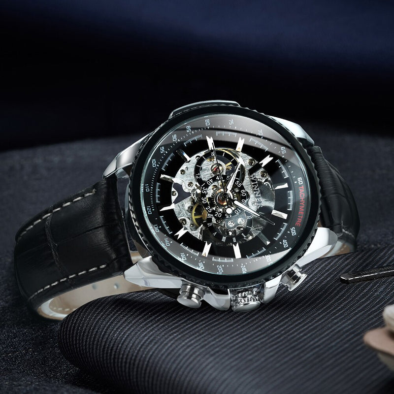 Silver-tone Stainless Steel Skeleton Automatic Watch for Men