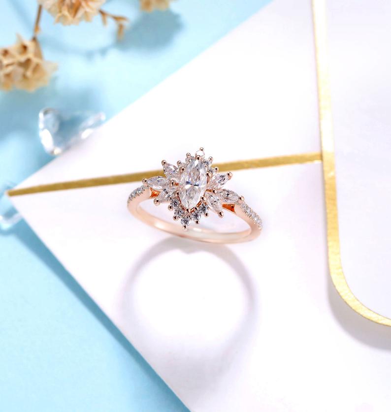 14K Rose Gold Marquise Cut Moissanite Halo Ring for Women