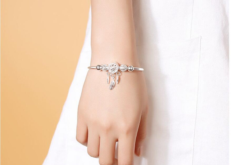 Elegant Tassel Feather Charm Beads Bracelet 925 Sterling Silver