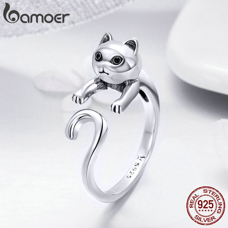 Sterling Silver Cute Cat Finger Ring for Women