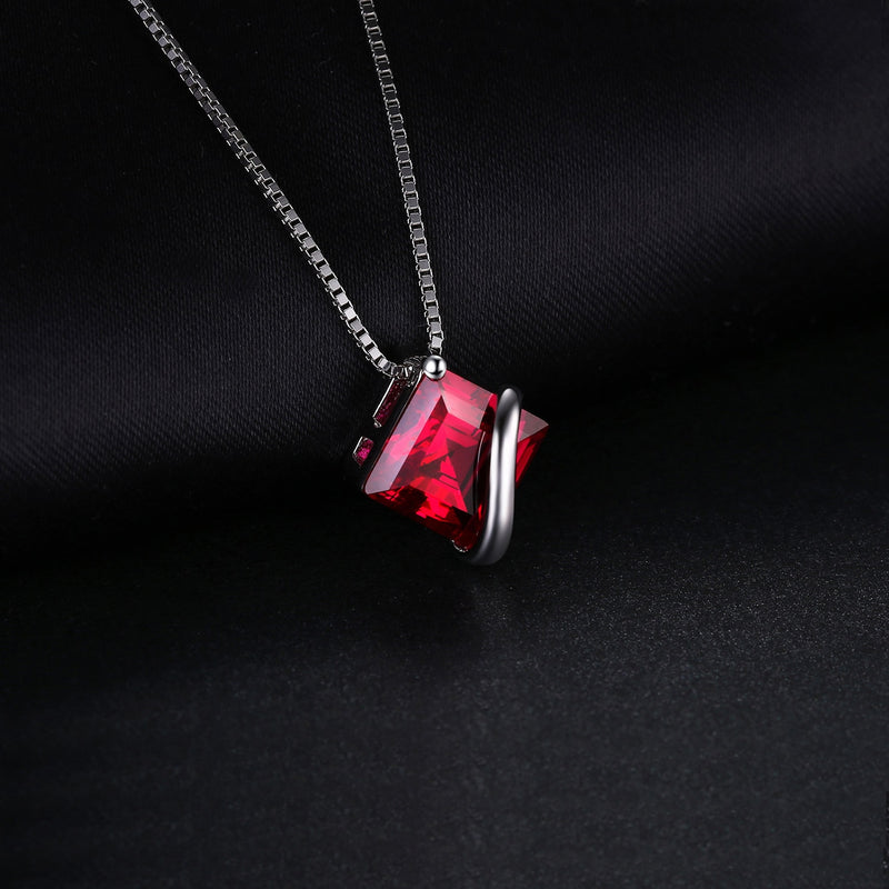 925 Sterling Silver Created Red Ruby Square Pendant Necklace Choker For Women