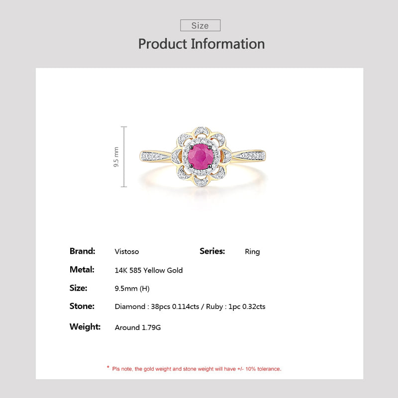 VISTOSO Genuine 14K 585 Yellow Gold Round Ruby Shiny Diamond Flower Ring
