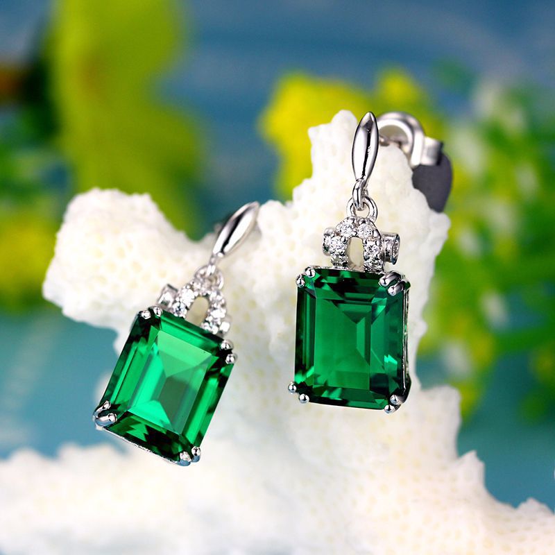 JoiasHome 925 Sterling Silver Vintage Square cut Green Emerald Gemstones Earrings