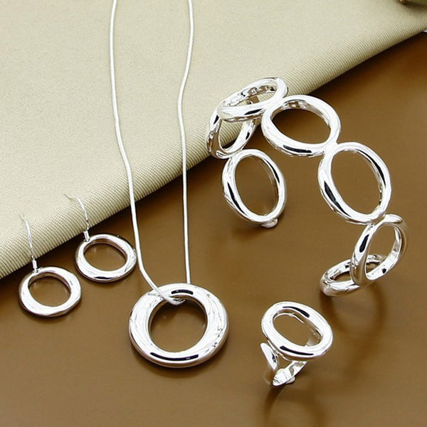 Silver O Shape Necklace, Bracelets, Open Rings, and Earrings Set for Women