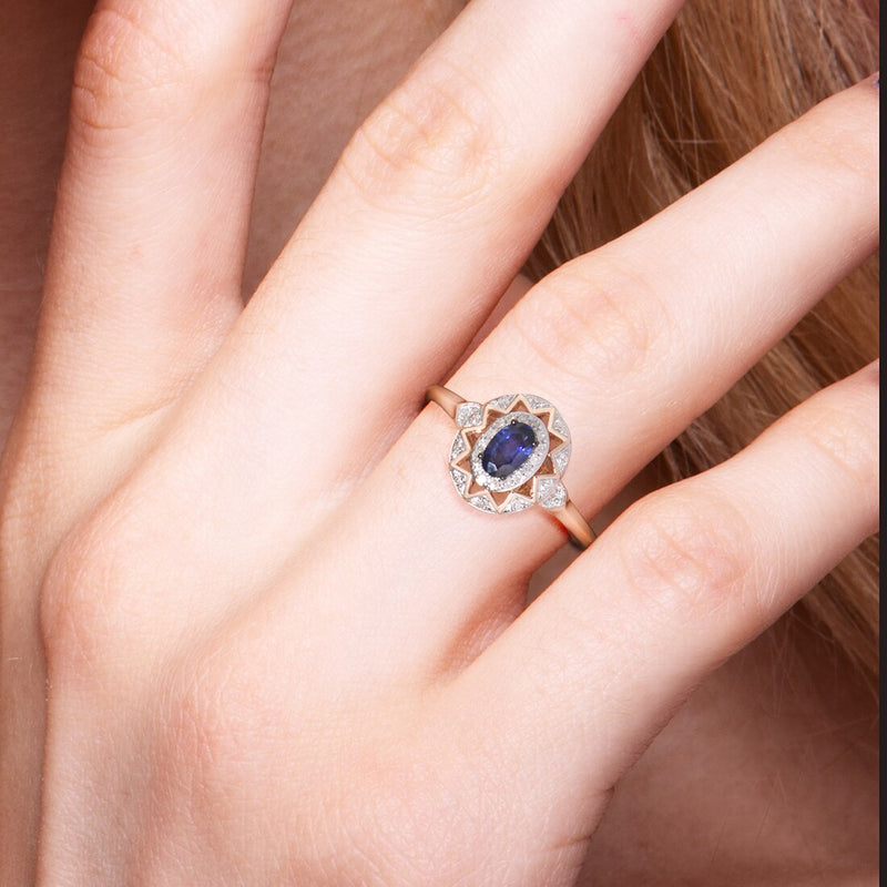 14K Rose Gold Oval Blue Sapphire Diamond Ring for Women