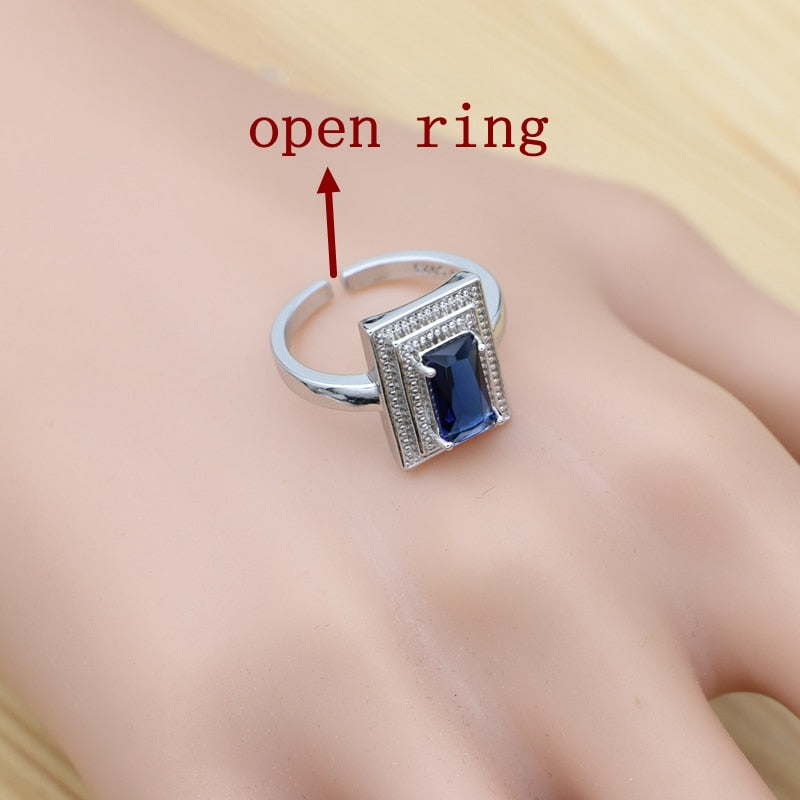 Sterling Silver Blue Cubic Zirconia Square Earrings Pendant Necklace Chain Open Ring Bracelet Set for Women