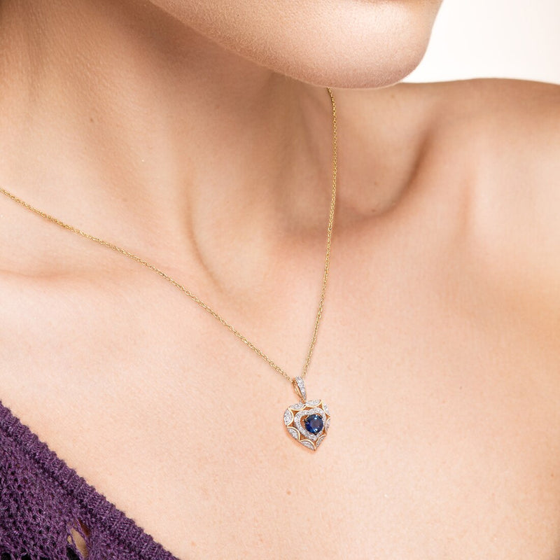 14K Yellow Gold Heart Pendant with Diamond Blue Sapphire for Woman