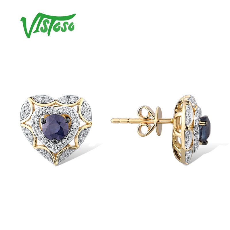 14K Yellow Gold Blue Sapphire Diamond Heart Stud Earrings for Women