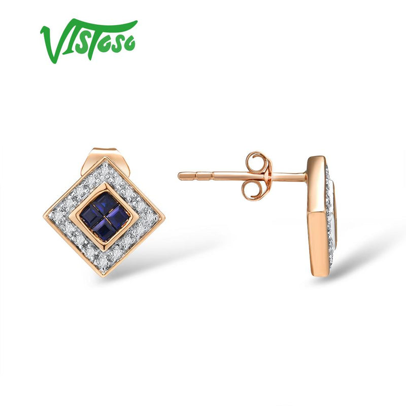 14K Rose Gold Blue Sapphire Diamond Earrings for Women