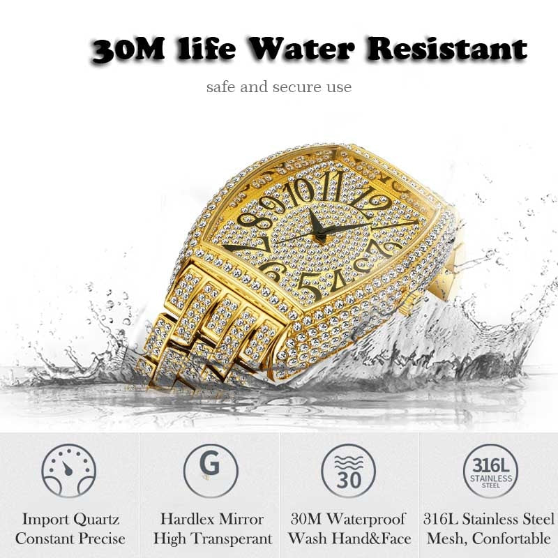 MISSFOX Dropshipping Men Watch Luxury Full Ice Out Silver Watches Male Big Dial Waterproof Quartz Clock Hip Hop Jewelry Gift