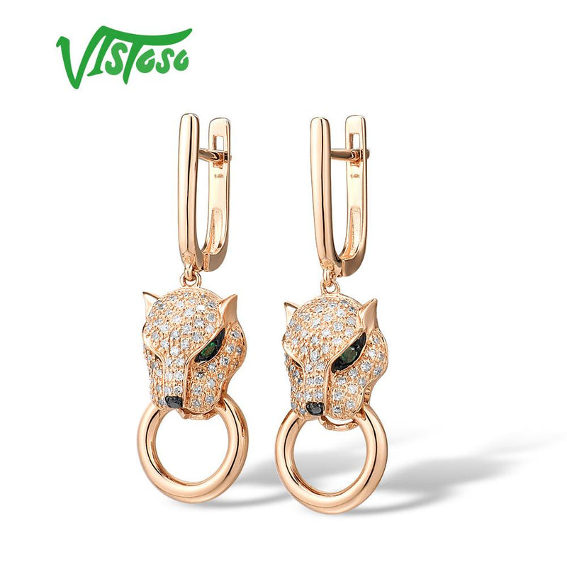 VISTOSO Genuine 14K 585 Rose Gold Leopard Emerald Sparkling Diamond Earrings