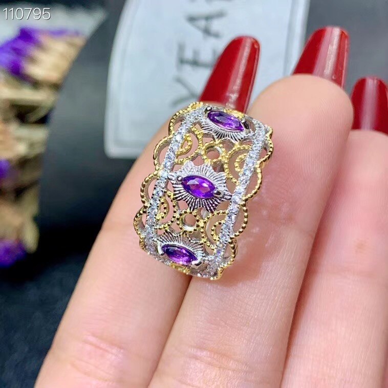 925 Sterling Silver Plated Gold Natural Amethyst Ring