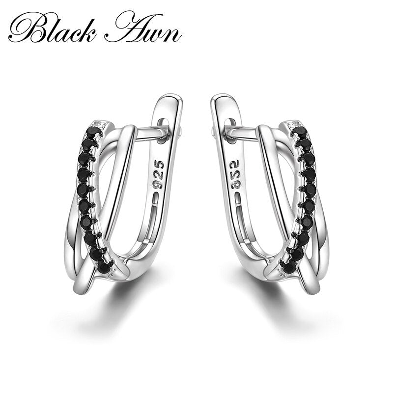 Genuine 925 Sterling Silver Black Spinel Stones Cute Stud Earrings