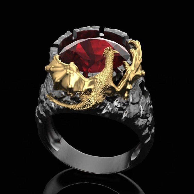 Vintage Stainless Steel Dragon Ring with Red Crystal