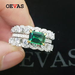 OEVAS 100% 925 Sterling Silver 5*7mm Emerald 10mm Full High Carbon Diamond Bridal Rings Sparkling Wedding Party Fine Jewelry