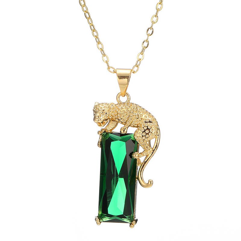 Bague Ringen Vintage Green Emerald Golden Leopard Pendant Necklace 925 Sterling Silver