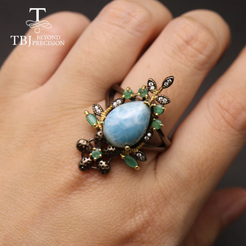 925 Sterling Silver Natural Agate Larimar Retro Design Earrings & Ring Jewelry Set