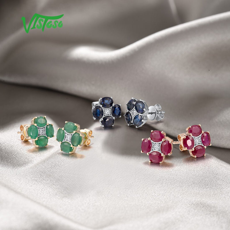 14K Gold Emerald Blue Sapphire Ruby Stud Earrings for Women