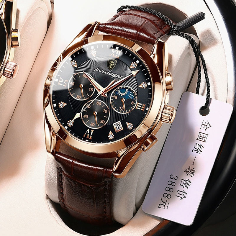 Rose Gold Leather Waterproof Luminous Watch for Men
