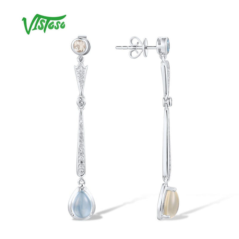 14K White Gold Quartz Diamond Topaz Dangling Earrings for Women